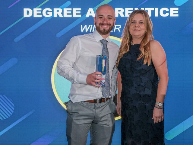 Degree Apprentice of the Year Award winner Brett Thompson, of Arco Ltd, presented with his award by Nicola Clayton, HR manager at sponsors Cranswick