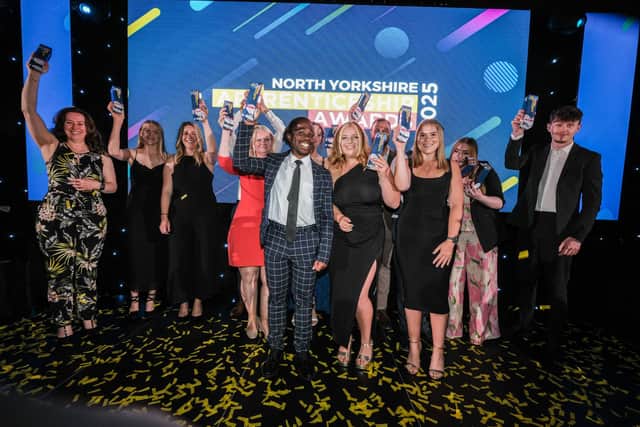 All the winners on stage at last year's North Yorkshire Apprenticeship Awards. Photo by Dean Atkins