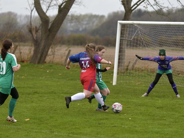 Ellie-Mae Bloomfield prepares to fire Scarborough Ladies Under-15s 2-0 clear against Wigginton Grasshoppers