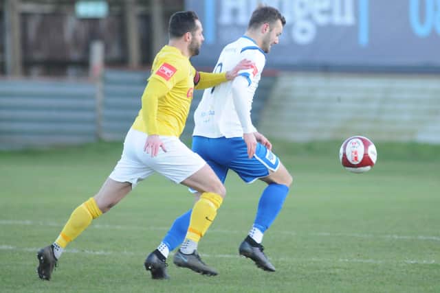 Lewis Dennison scored both goals for Bridlington Town at Grimsby Borough