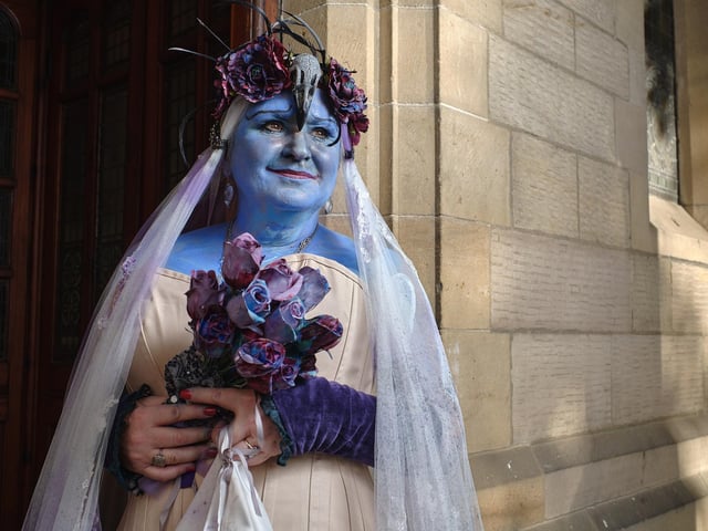 Feeling happy but looking blue at the Brunswick Centre, which staged part of the bizarre bazaar.
picture: Paul Armstrong.