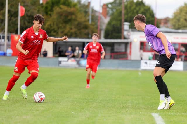 Luca Bolino on the attack for Brid Town at home to Garforth Town. Photo by EC Media