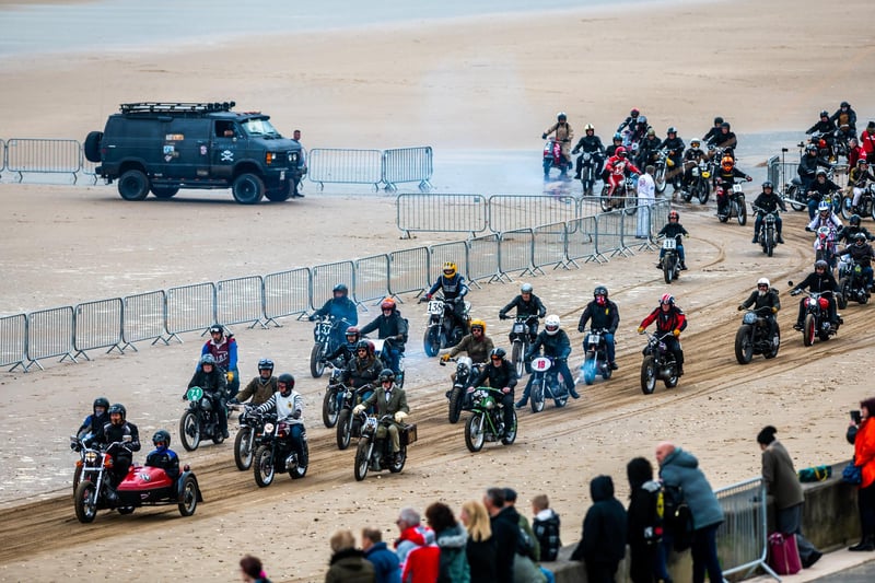 This years The Race the Waves Vintage Beach Race festival held on Bridlingon's south beach with over one hundred competitors taking part in the event from the early years of coastal motor racing to post-war American hot-rodders and drag racing culture. Picture By Yorkshire Post Photographer, James Hardisty. Date: 22nd April 2023.