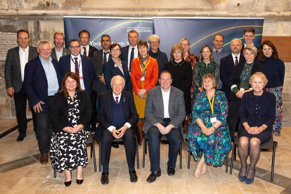 North Yorkshire County Council’s leader Cllr Carl Les (seated centre left) and City of York Council’s leader Cllr Keith Aspden (seated centre right) at the launch of the public engagement on the proposed devolution deal which was held at The Guildhall in York in October last year.