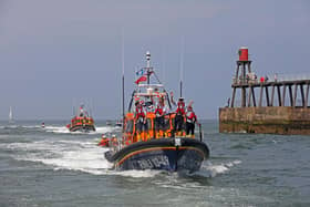 The new RNLI lifeboat Lois-Ivan enters Whitby harbour in June 2023 - Image: RNLI/Ceri Oakes