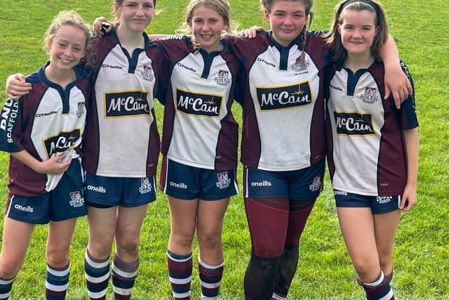 Sime of the Scarborough RUFC Girls Under-14s players line up at Sandal.