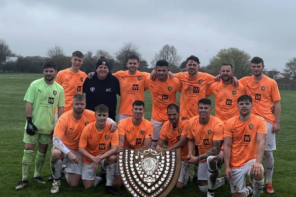 Edgehill FC are presented with the Scarborough & District Saturday Football League shield after securing the title with a 6-2 win at Seamer Sports.