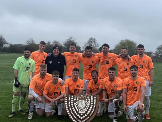 Edgehill FC are presented with the Scarborough & District Saturday Football League shield after securing the title with a 6-2 win at Seamer Sports.
