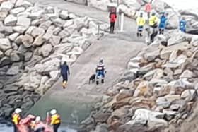 The RNLI rfound the dog in a hole between rocks. (Credit: WHitby RNLI)