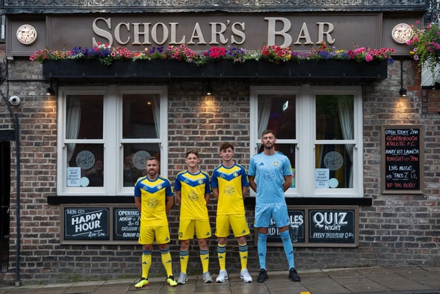 Boro players, from left, Michael Duckworth, Billy Marshall, Leon Gibson-Booth and Ryan Whitley show off the new away kit sponsored by Scholar's Bar.