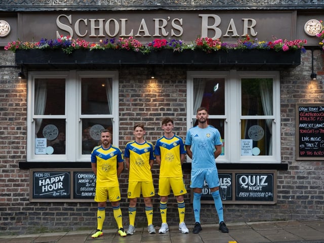 Boro players, from left, Michael Duckworth, Billy Marshall, Leon Gibson-Booth and Ryan Whitley show off the new away kit sponsored by Scholar's Bar.