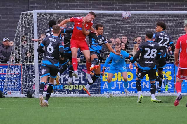 Boro skipper Will Thornton wins a header against Forest Green.