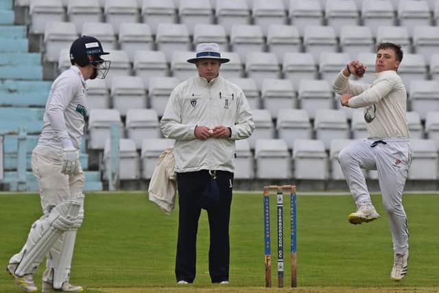 Tristan Van Schalkwyk, pictured above in bowling action, smacked a superb 83 in Scarborough's Yorkshire League KO Cup loss at Doncaster