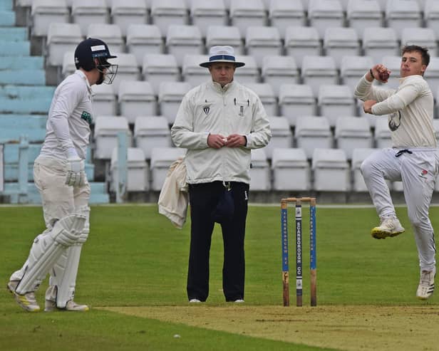 Tristan Van Schalkwyk, pictured above in bowling action, smacked a superb 83 in Scarborough's Yorkshire League KO Cup loss at Doncaster