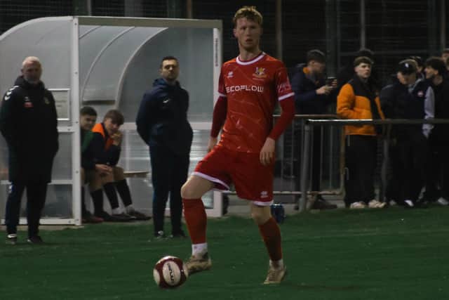 Ben Whelan on the ball for Bridlington Town during their 2-0 East Riding FA Senior Cup semi-final win against Reckitts on Tuesday evening. Photo by ecmedia
