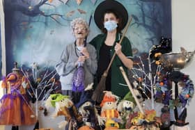 104 year old resident Alice Brown (left) and Kayleigh McCoid (right) senior team leader. at Sandylane Care Home getting into the Halloween spirit.