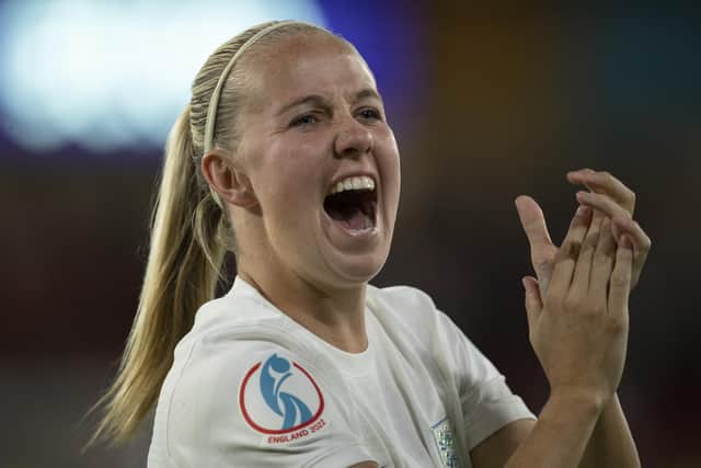 Hinderwell's Beth Mead celebrates to fans following the UEFA Women's Euro 2022 Semi Final match between England and Sweden at Bramall Lane. 
Photo by Visionhaus/Getty Images