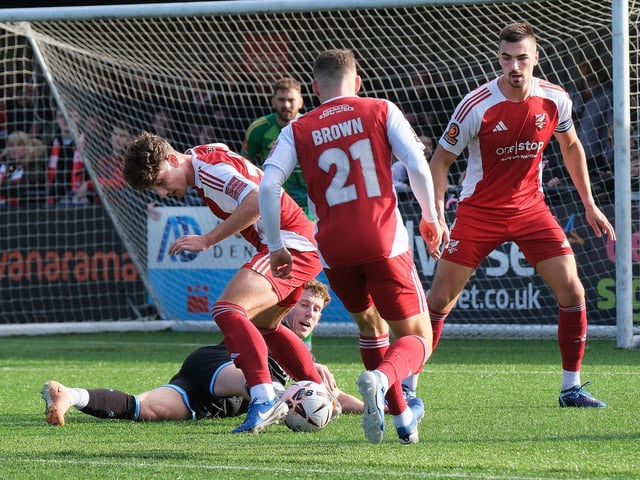 Scarborough Athletic defenders work hard in the win against Chester.