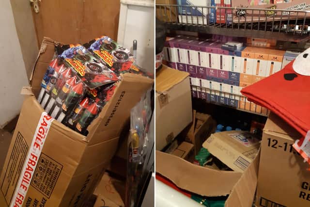 Left: Fireworks at American Sweets and Vapes Outlet, Castle Road, Scarborough; right: vapes at the premises.