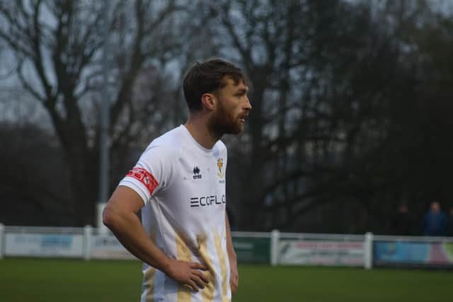 Tom Allan headed in a dramatic injury-time leveller for Bridlington Town at Brighouse Town. Photo by Ewan Cameron