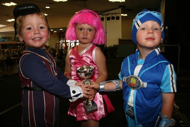 These little Lazy Town characters win a second place trophy for fancy dress at Whitby Regatta.