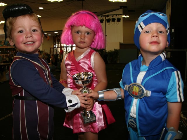 These little Lazy Town characters win a second place trophy for fancy dress at Whitby Regatta.