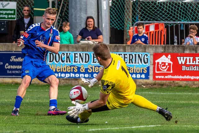 Bishop Auckland keeper Nick Liversidge denies Harry Green but Marcus Giles scored from the rebound