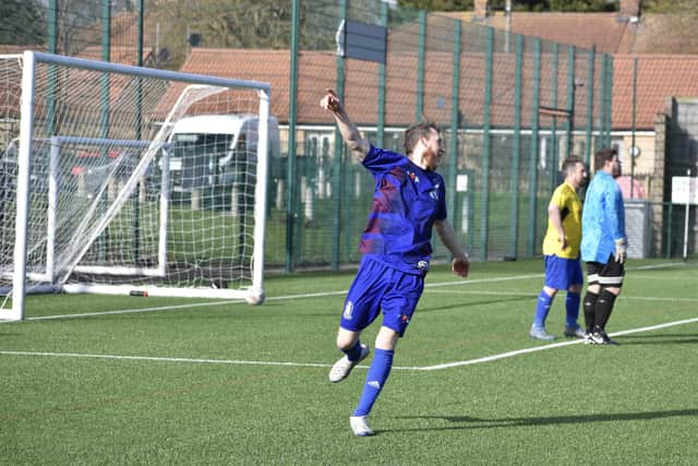 Brid Rovers Millau's Josh Christlow celebrates setting up Joey Baker's opener.
