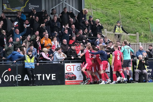 Boro players and supporters unite in delight as they draw level 3-3 and move into the play-off spots, only for Gloucester's goal just 30 seconds later to knock them out of the top seven.