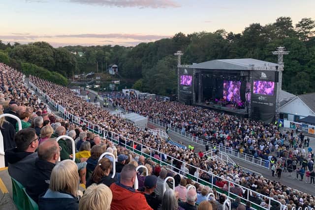 Large crowd at Scarborough Open Air Theatre, watching Sir Tom Jones.
