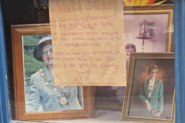 A farewell note to Whitby Glass customers - with pictures of Dorothy Clegg.