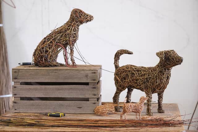 Whitby-based Emma Stothard outs the finishing touches to willow sculptures of the Jack Russell dogs, Beth and Bluebell, which are owned by The King and Queen.