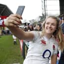 Zoe Aldcroft interacts with fans after a Women's Six Nations match between England and Wales at Twickenham Stoop (Photo by Luke Walker/Getty Images for Harlequins FC)