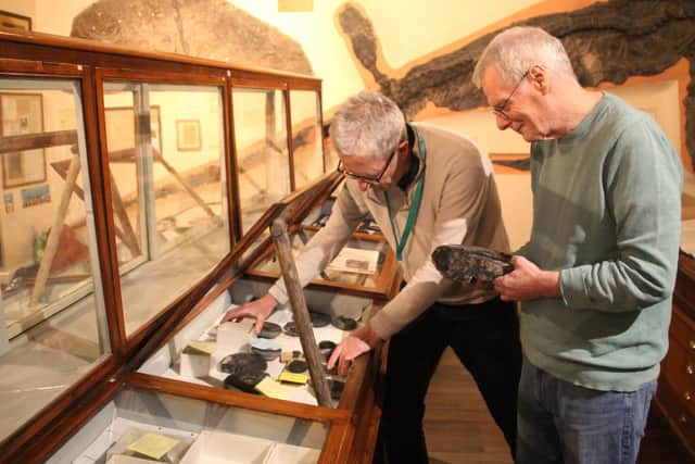 Geology curators at Whitby Museum re-displaying the fossil collection.