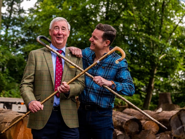 Peter Wright from Channel 5's The Yorkshire Vet with TV presenter Matt Baker visiting the Forestry Area at the show