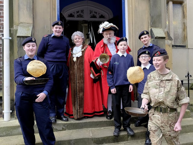 Mayor Hazel Lynskey and Town Crier David Birdsall visit the Seacadets HQ for a special pancake