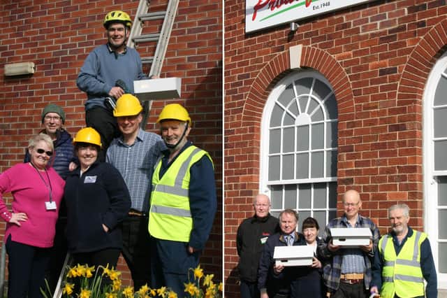 Right: Putting up the swift boxes at Proudfoots Supermarket, Manham Hill , Eastfield , from left: Neil Brearley, store manager, Derek Armstrong, Proudfoot director, Sandra Branfoot, swift group, Rob Stark, swift group chairman and Nick Gibbon, swift group. Left: pictured at Eastfield Library, from left: library volunteer Sandra Low, Andy Malley, swift group, Sandra Branfoot, swift group, Richard Scullion, swift group, on the ladder, Rob Stark, chairman of the swift group and Nick Gibbons, swift group.
