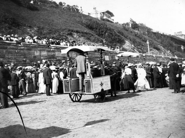 The Citrono Brothers Neapolitan ice cream cart in Scarborough, from the Edwardian period. Ices were one penny or two pennies each.