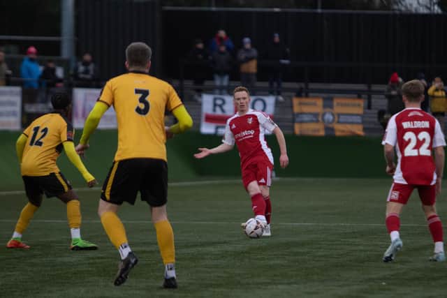 Boro midfielder Michael Woods on the ball at Rushall.