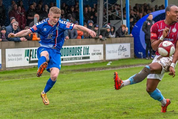 Whitby Town's Harry Green on the attack during the 1-0 home loss against South Shields, who claimed promotion as champions with this win. PHOTOS BY BRiAN MURFIELD