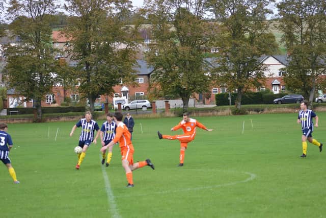 Jack Pinder fires Heslerton ahead at Snainton. Photo by Cherie Allardice