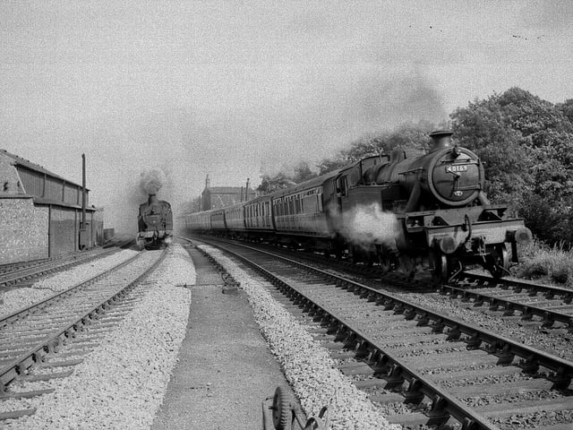 York - Bradford train No. 40169 Class 3MT 2-6-2T overtaking a local from Leeds to Ilkley hwSWS VY 2-4-2T No, 50616. June 24, 1952