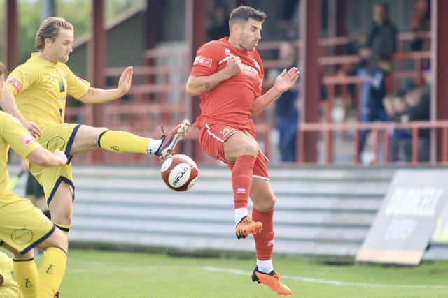 Michael Coulson's missed spot-kick proved crucial against Trafford in the FA Trophy. PHOTOS BY TCF PHOTOGRAPHY