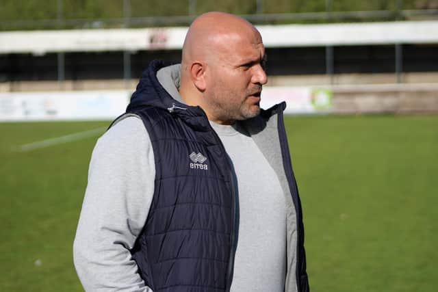 Blues boss Nathan Haslam takes in the action at Bamber Bridge. PHOTOS BY LIAM RYDER