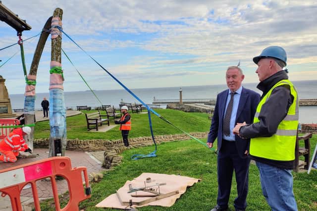 North Yorkshire Council’s executive member for open to business, Cllr Mark Crane (left), and coastal infrastructure engineer, John Woodhead, were on site for the removal.