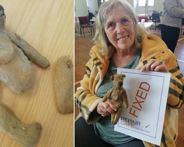 Fixed! A teddy that's been patched up at the Upper Esk Valley Repair Cafe.