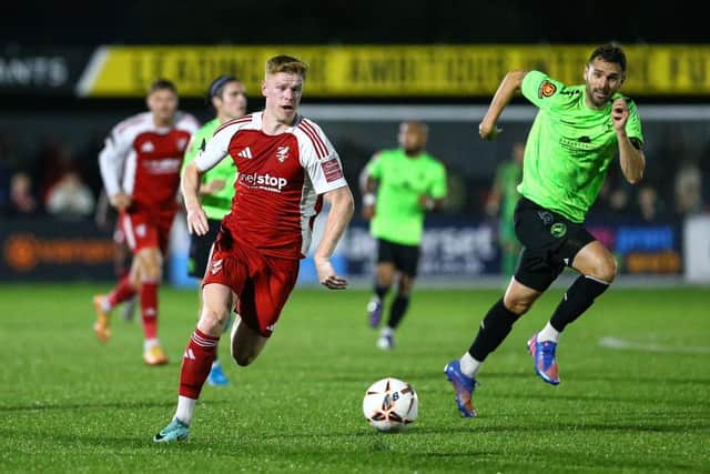 Scarborough Athletic's Alex Wiles on the attack during the goalless draw on Tuesday night against King's Lynn Town. PHOTOS BY ZACH FORSTER
