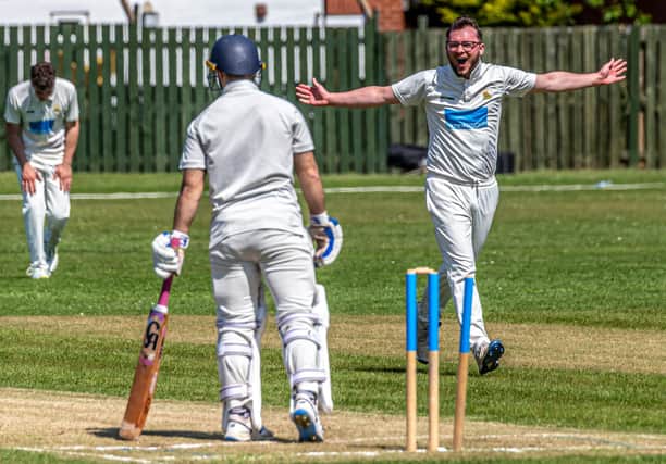 Tom Steyert celebrates clean-bowling Wolviston's Shoaib Khan in the five-wicket win for Whitby. PHOTOS BY BRIAN MURFIELD