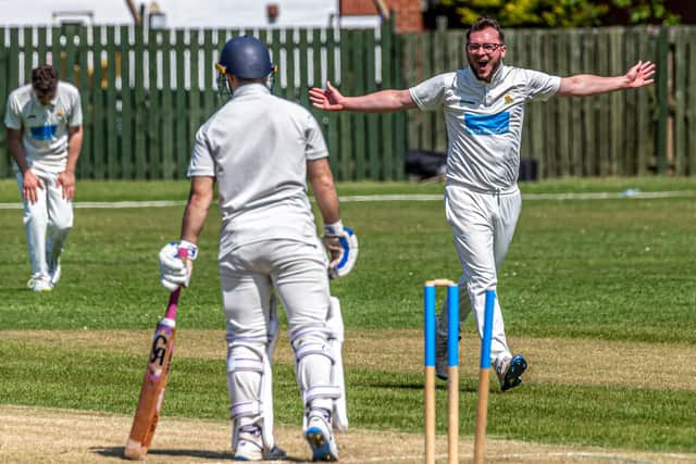 Tom Steyert celebrates clean-bowling Wolviston's Shoaib Khan in the five-wicket win for Whitby. PHOTOS BY BRIAN MURFIELD