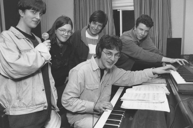 The Scarborough Sixth Form College open day proved a huge success in January, 1995. Pictured visiting the Music Room are, left to right, Nicola Cunningham, her friend Tanith Ibbotson, Nicola's mother Julia Cunningham, and music students Michael Melling and, right, Maynard Case. 